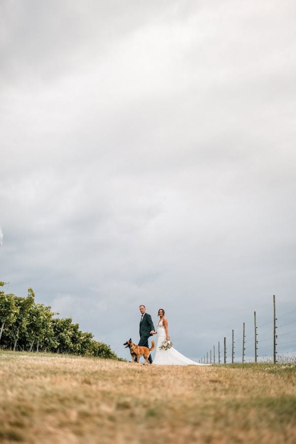 Brautpaar mit Hund im Weinberg am Bodensee
