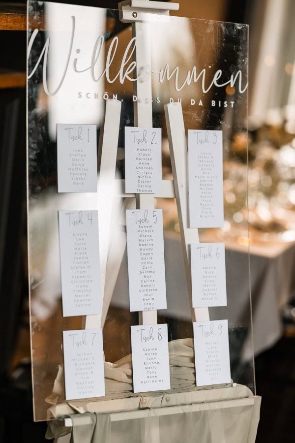 Sitzplan-Tafel zur Hochzeit von Marie und Steve im Bad Hotel Überlingen